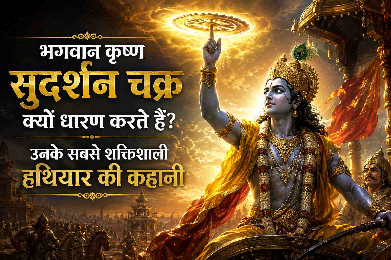 अपनी तर्जनी उंगली पर चमकता हुआ सुदर्शन चक्र धारण किए भगवान कृष्ण