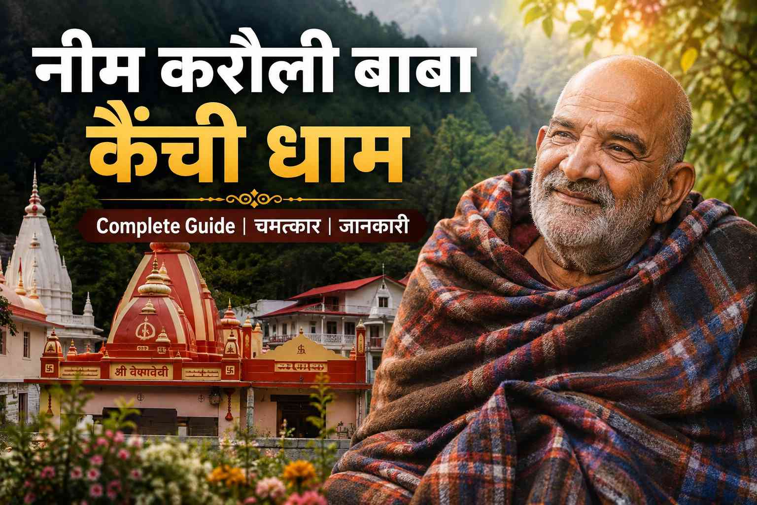 कैंची धाम आश्रम का सुंदर दृश्य और नीम करोली बाबा का चित्र
