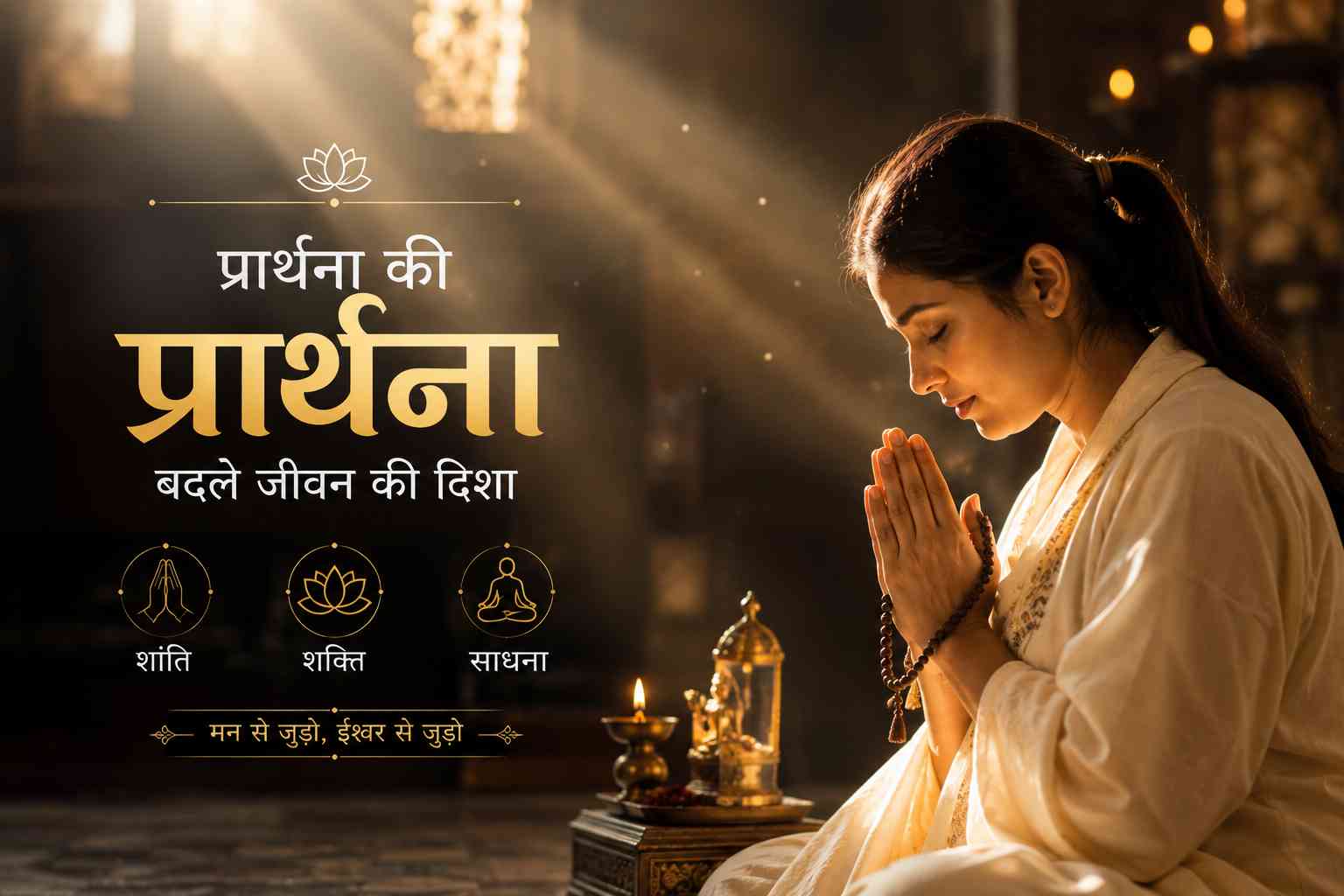 Devotee folding hands in deep prayer and meditation with glowing light