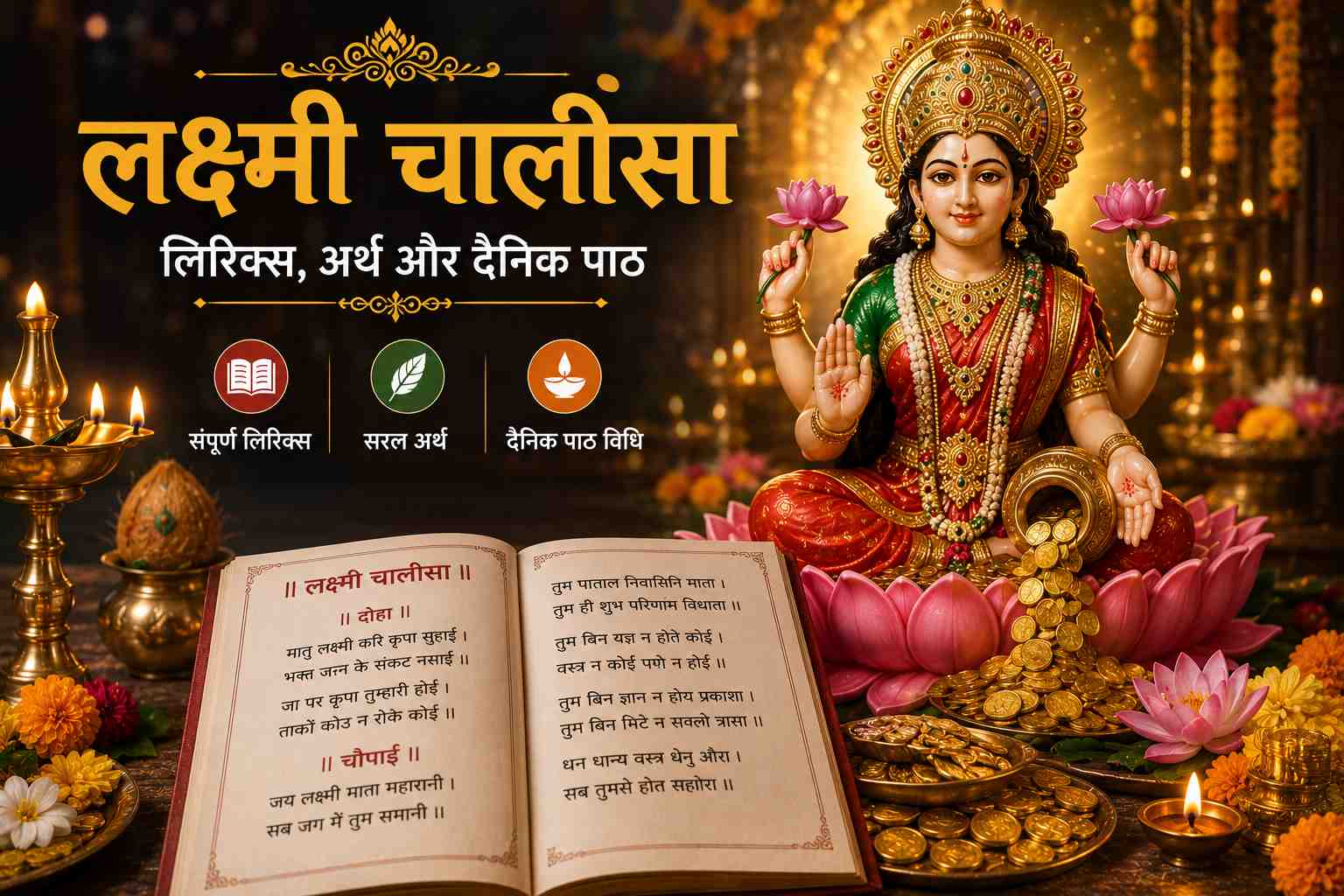 Goddess Lakshmi sitting on a lotus - Lakshmi Chalisa