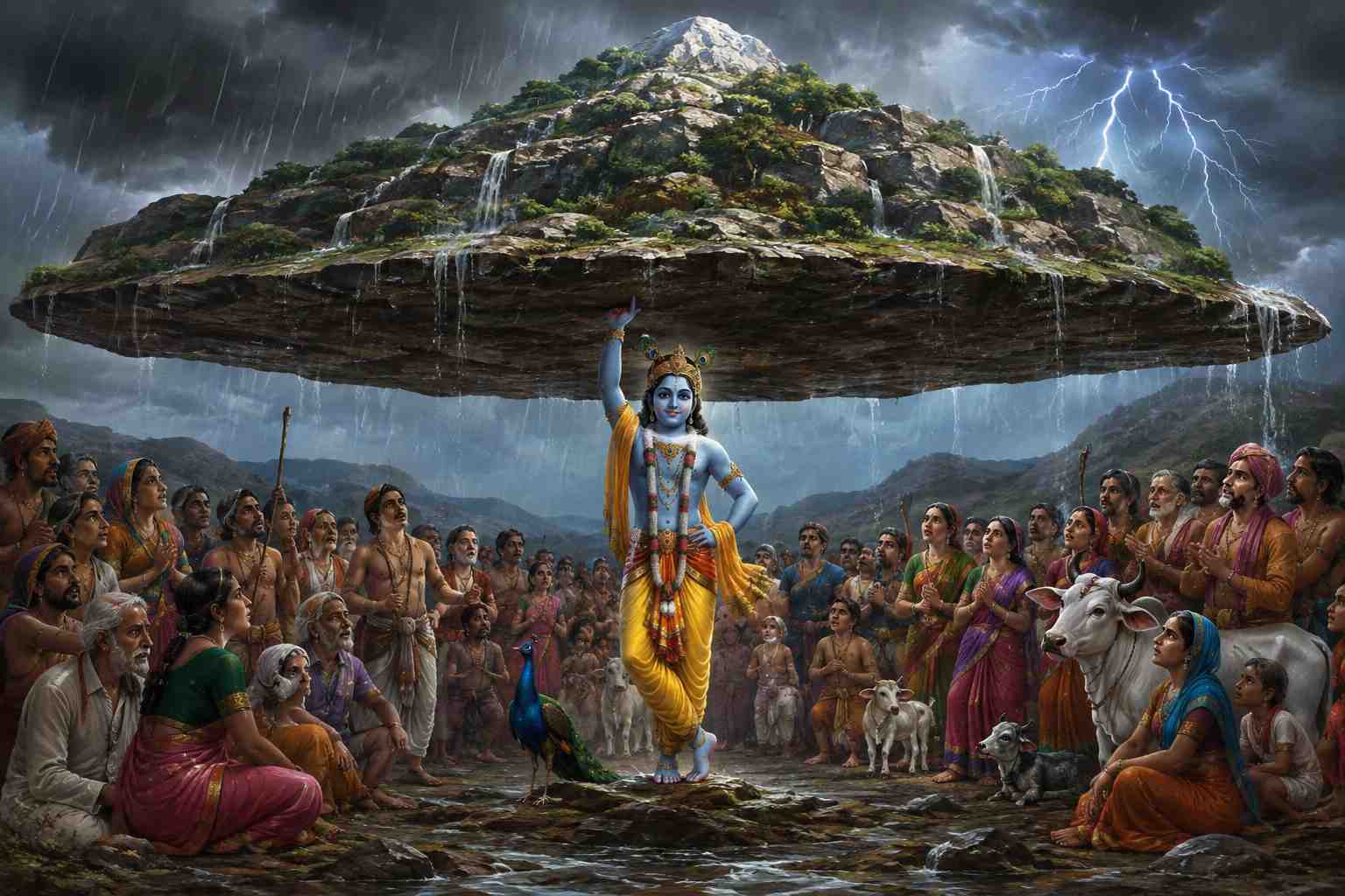 Young Krishna lifting Govardhan Hill