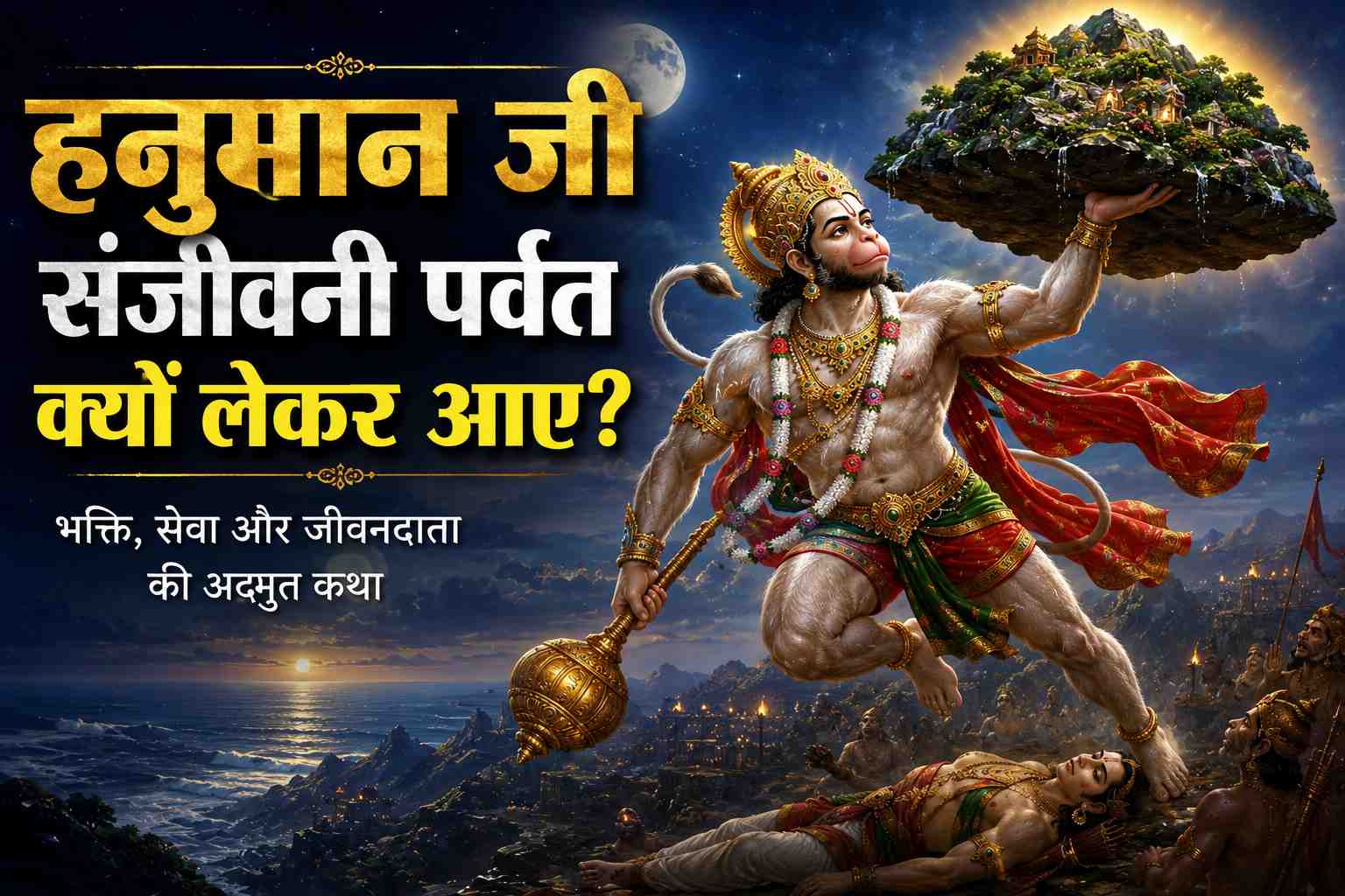 Lord Hanuman flying with the Sanjeevani mountain