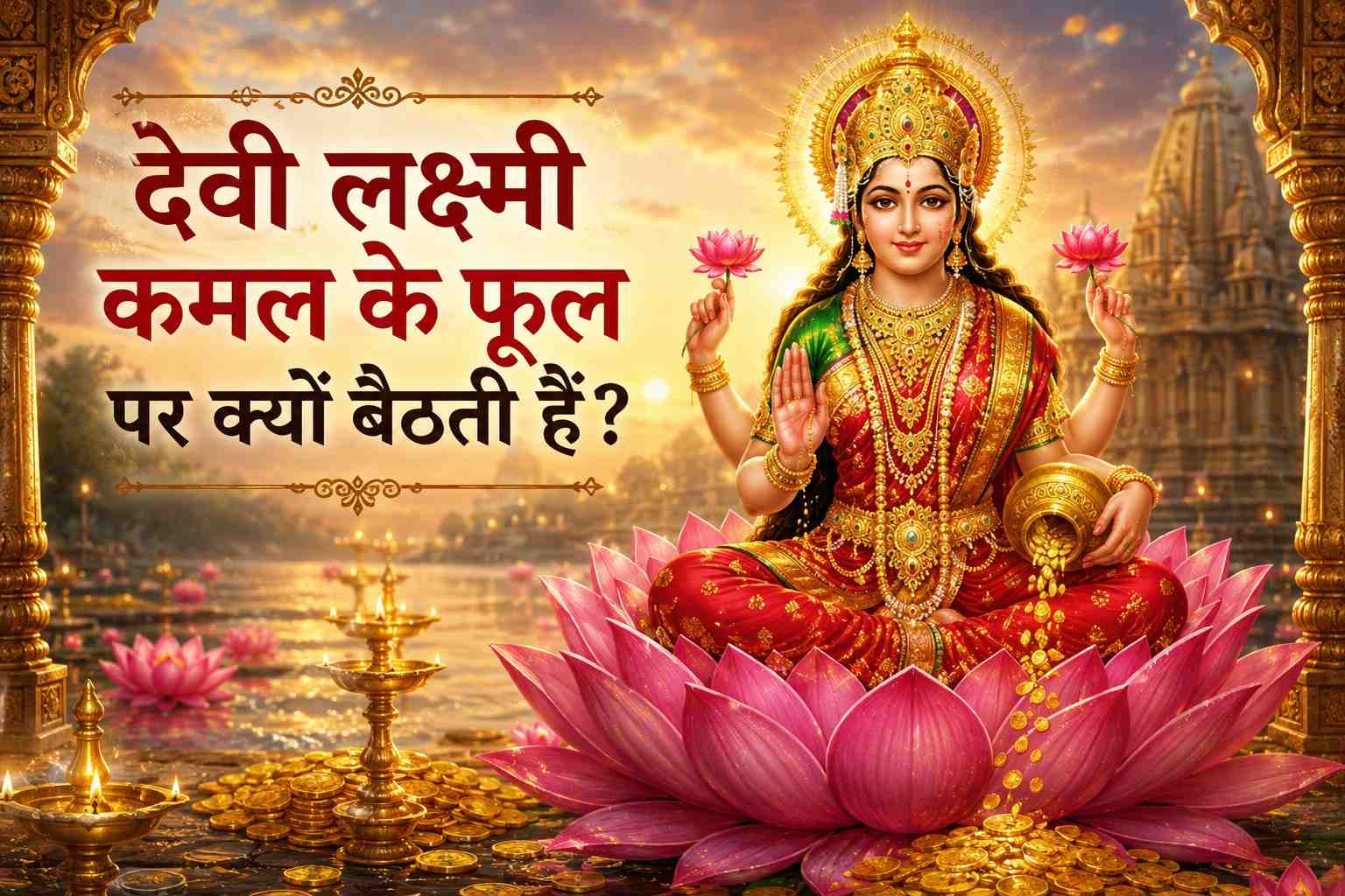 Goddess Lakshmi seated on a pink lotus