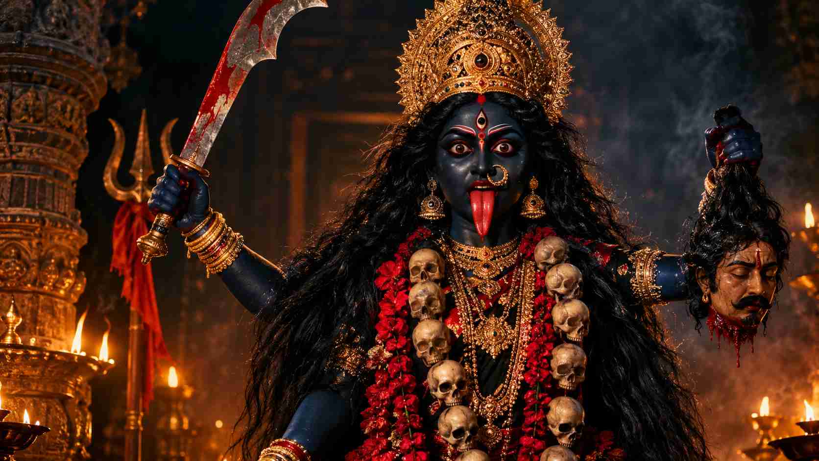 Divine and fierce form of Goddess Kali standing on Lord Shiva