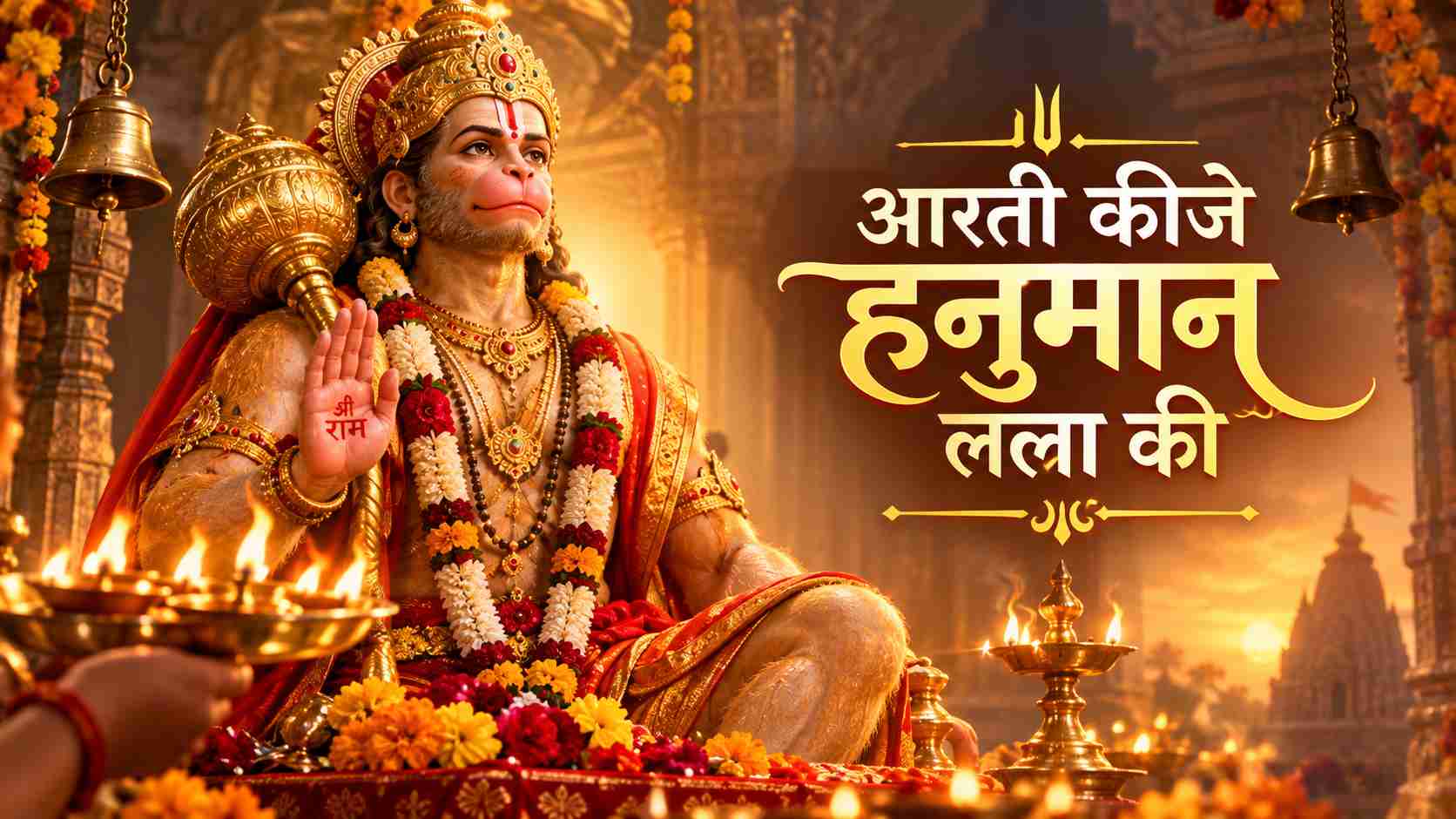 Lord Hanuman statue with mace and glowing deepak on altar