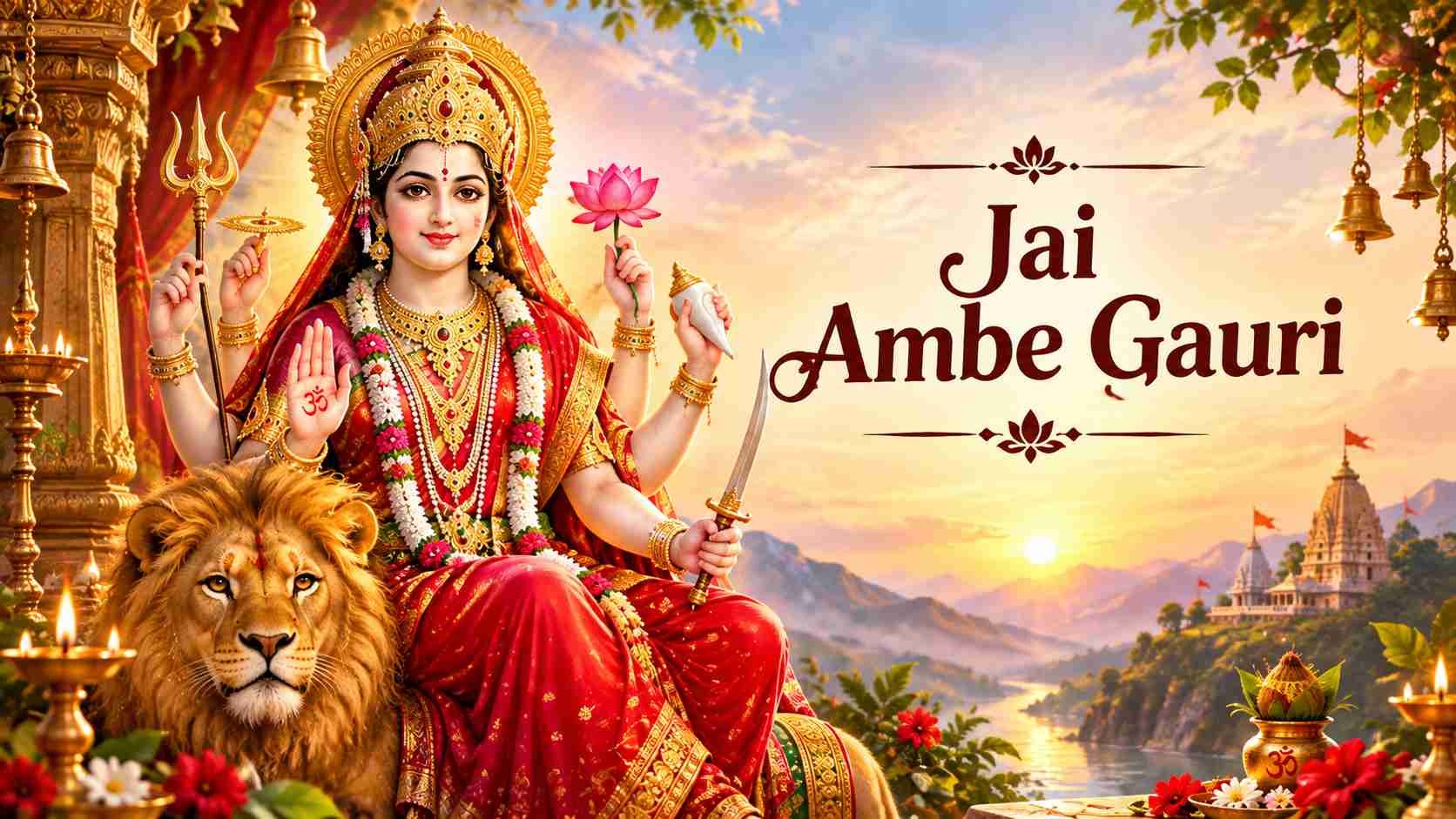 Goddess Durga idol decorated with red vermilion, flowers, and glowing lamps