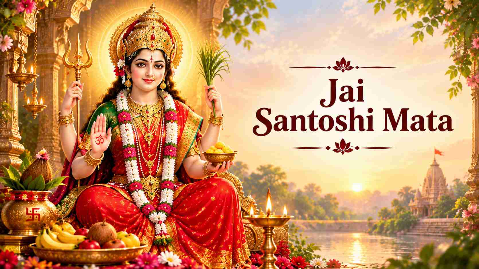 Goddess Santoshi Mata idol with jaggery and roasted chickpeas offerings