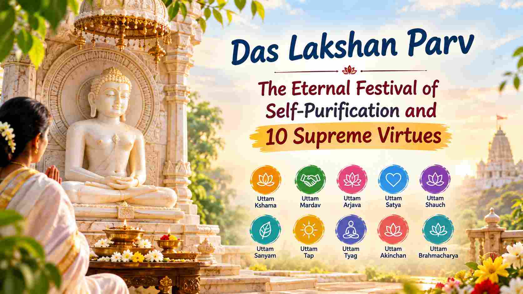Jain temple rituals and symbolic depiction of the 10 supreme virtues of Das Lakshan Parv