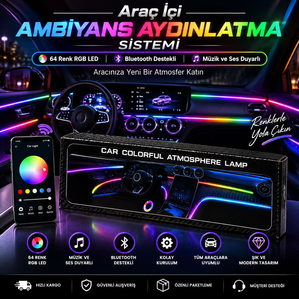 Araç İçi Ambiyans Aydınlatma Sistemi 64 Renk RGB LED Bluetooth Destekli - Müzik ve Ses Duyarlı