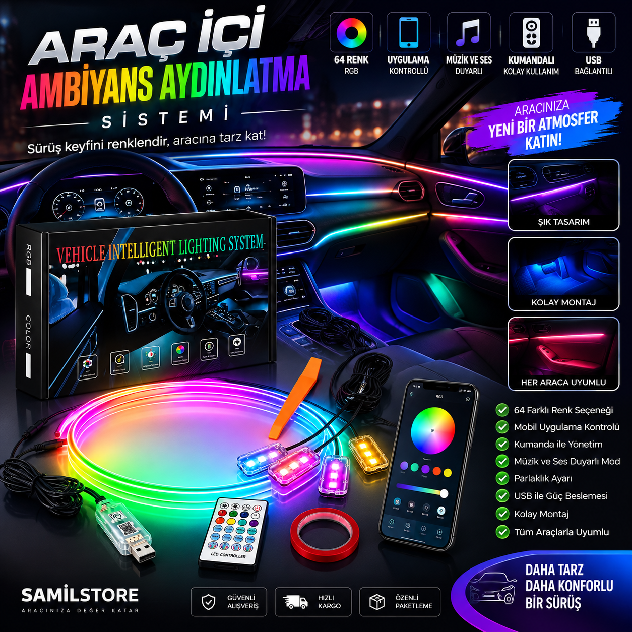 120 CM USB İç Ambiyans ve Ayak Altı led Uygulama Kontrollü ve Kumandalı