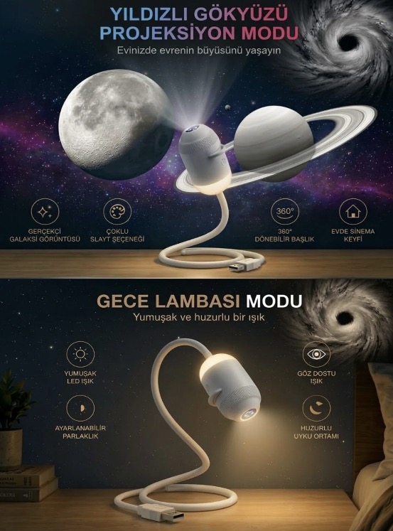 USB GÖKYÜZÜ LED PROJEKTÖR GECE LAMBASI VE TAVAN AMBİYANS