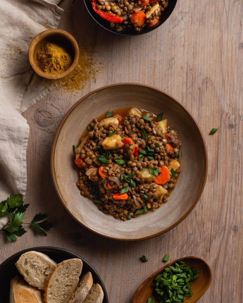 Guiso de lentejas vegano con vegetales.