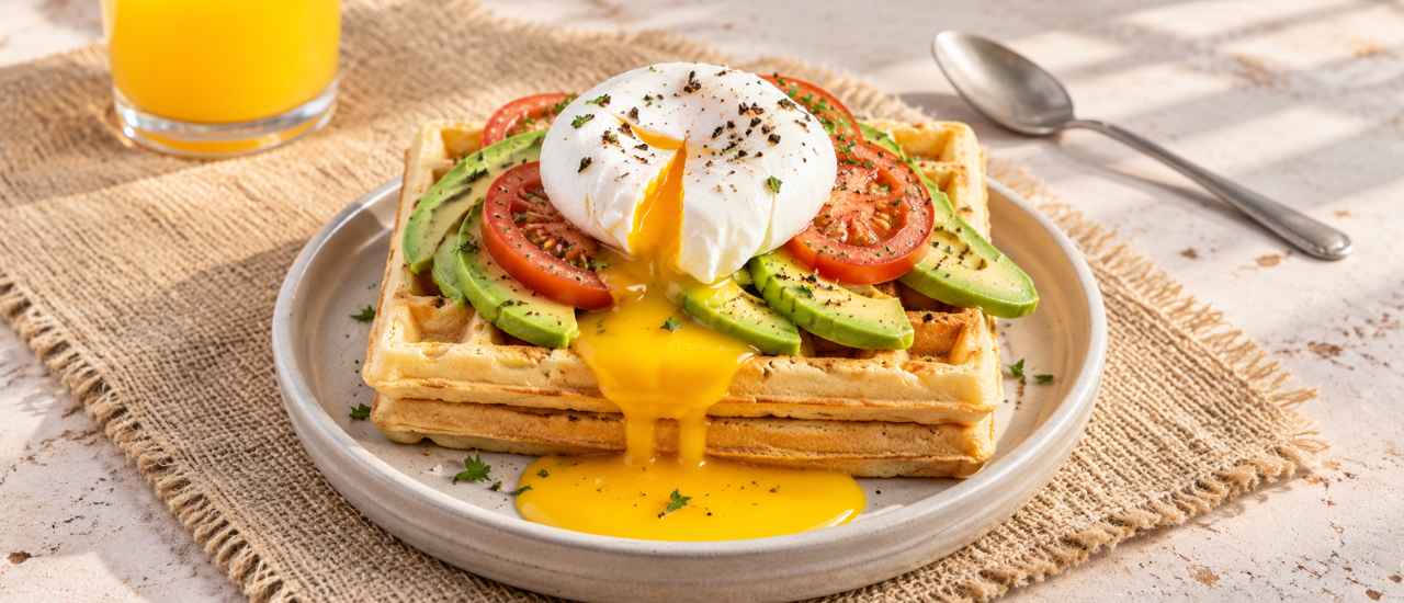 waffle con huevo, palta y tomate