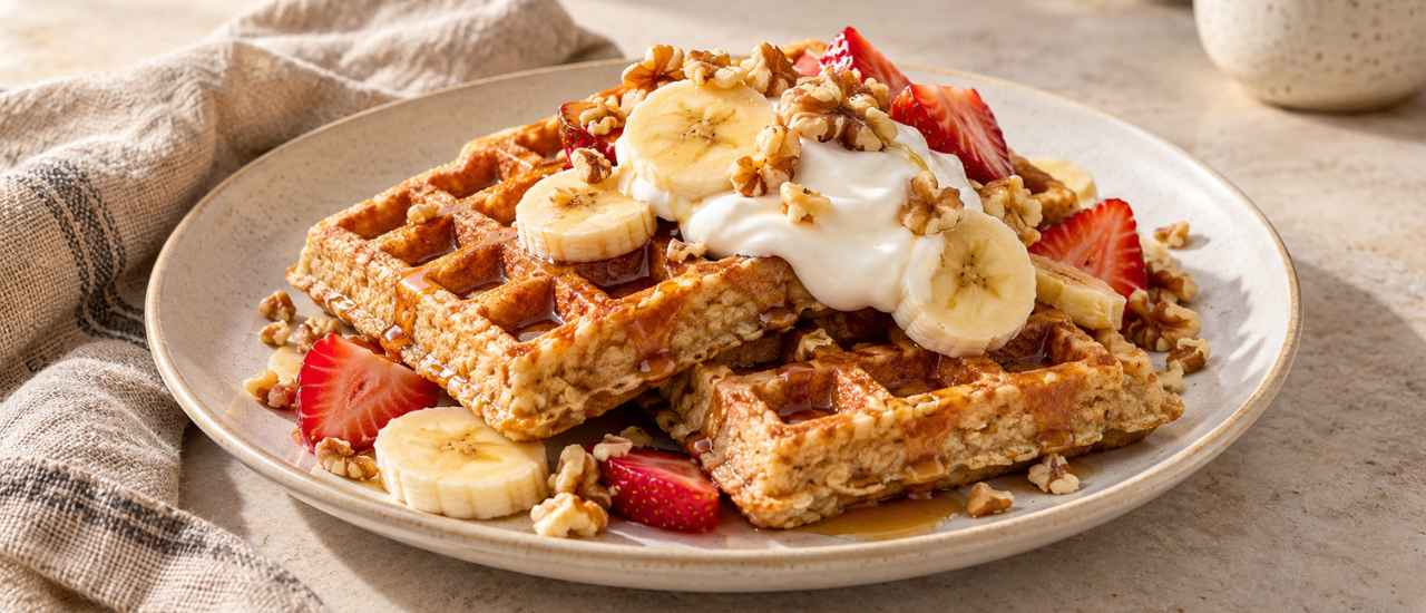 waffle de avena y banana con fruta fresca