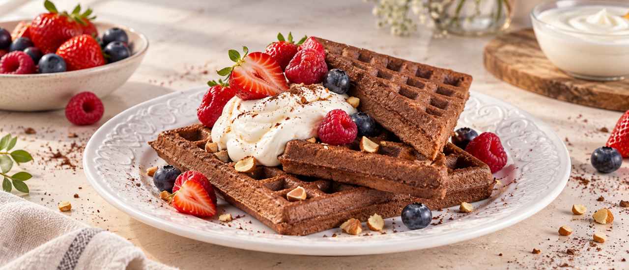 waffle de cacao con yogut natural y frutos rojos