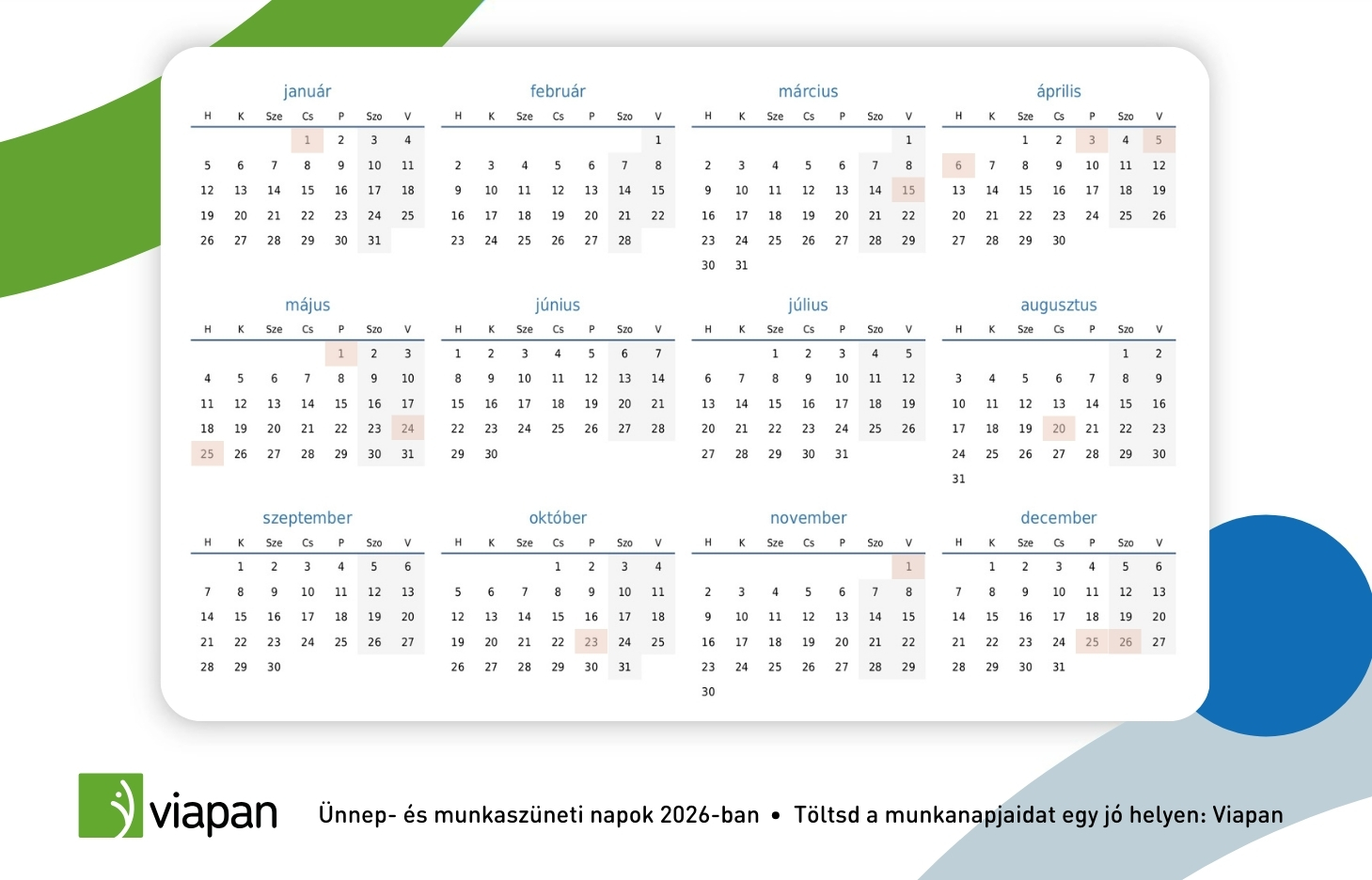 2026-os munkaidő naptár havi bontásban