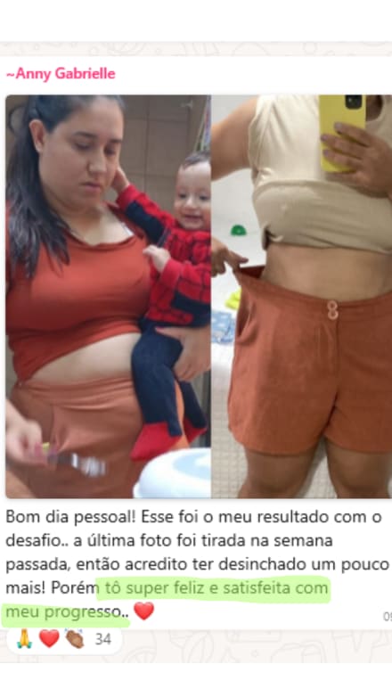 Print de depoimento real de cliente do Dieta Sem Stress — transformação corporal saudável