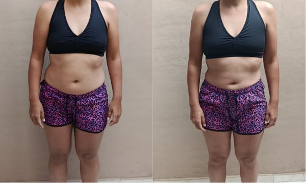 Antes e depois de Thamires — transformação corporal pelo WhatsApp