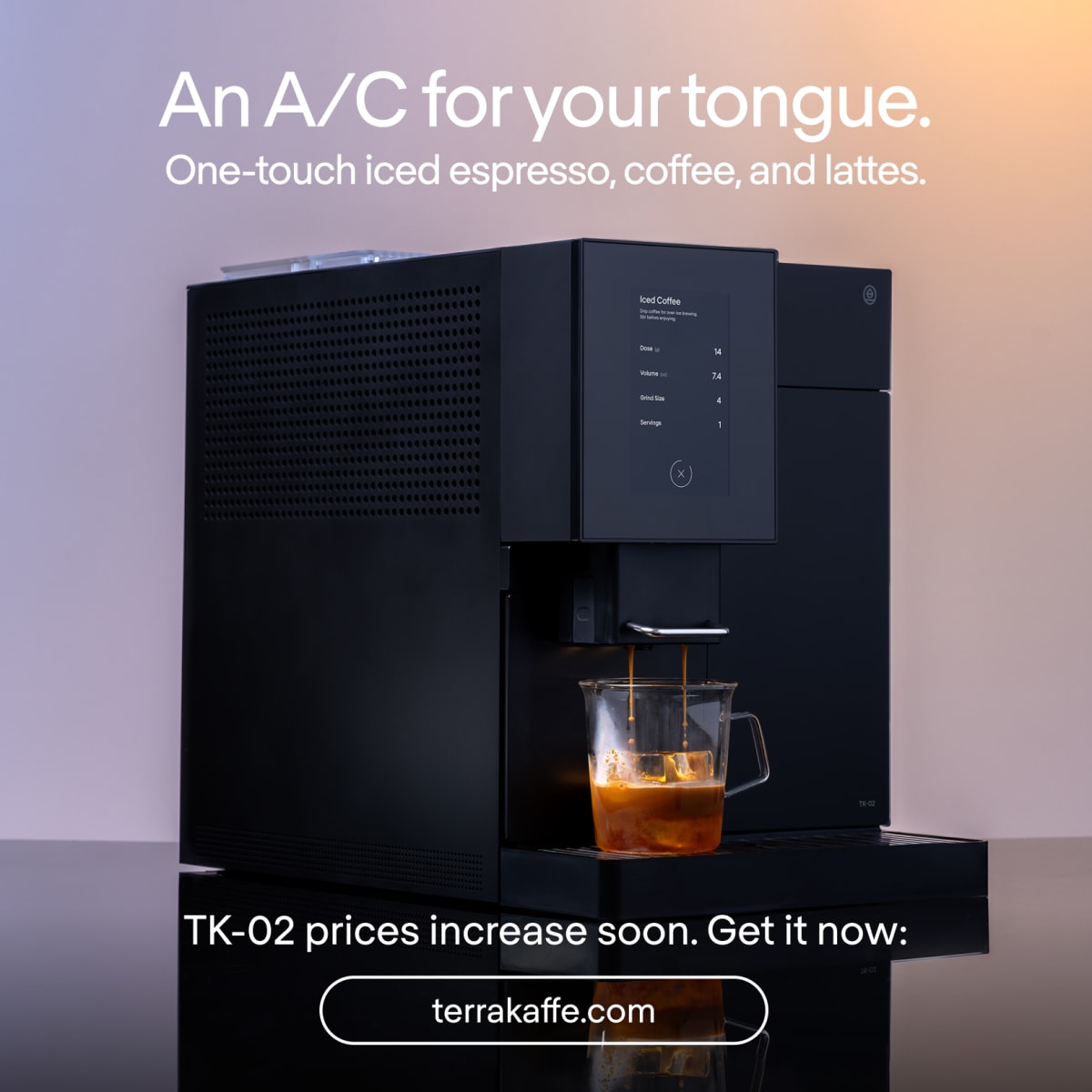 TK-02 dispensing iced coffee into a glass carafe
