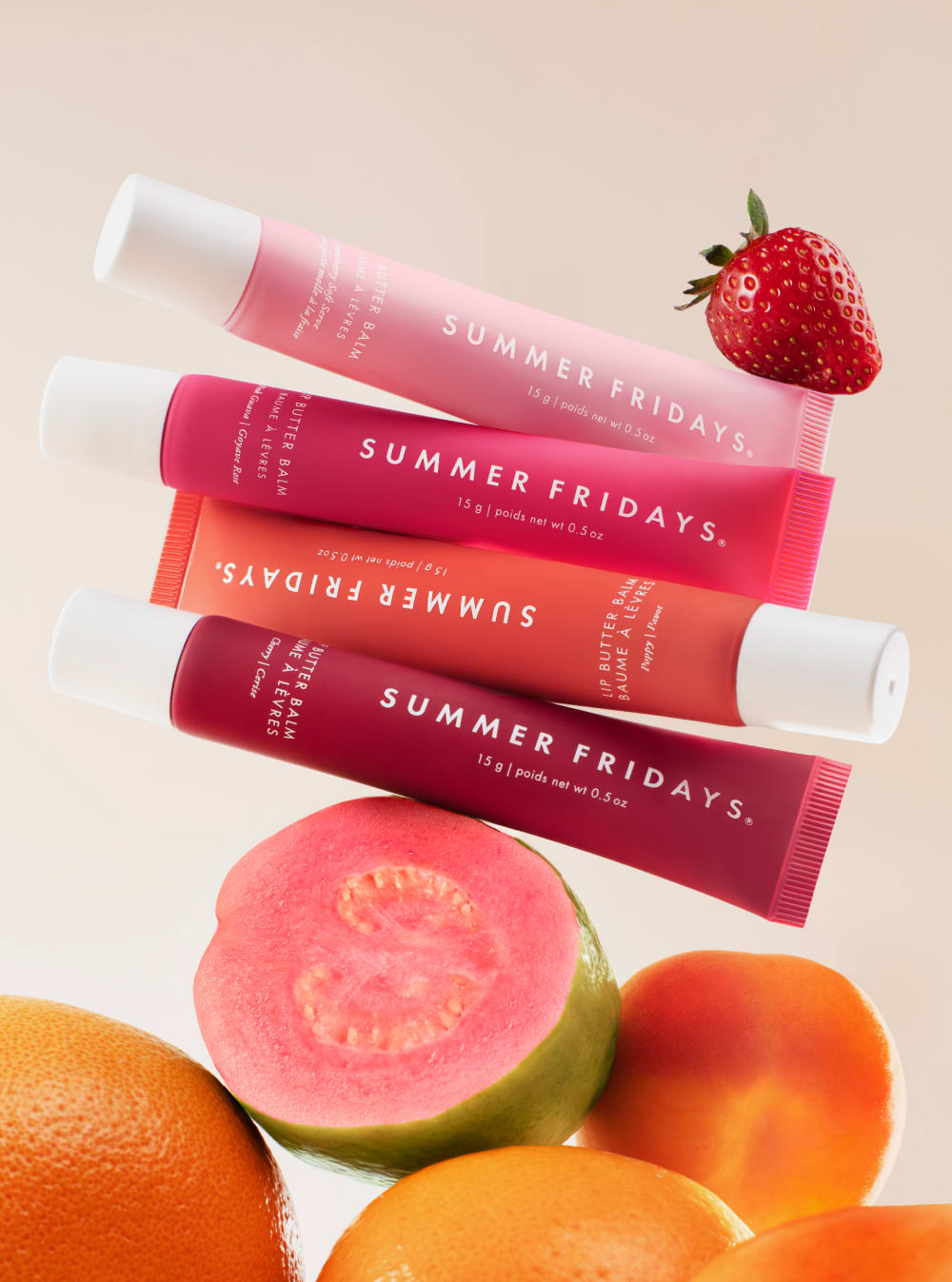 Summer Fruits Set with four Lip Butter Balm tubes and fresh fruit styling