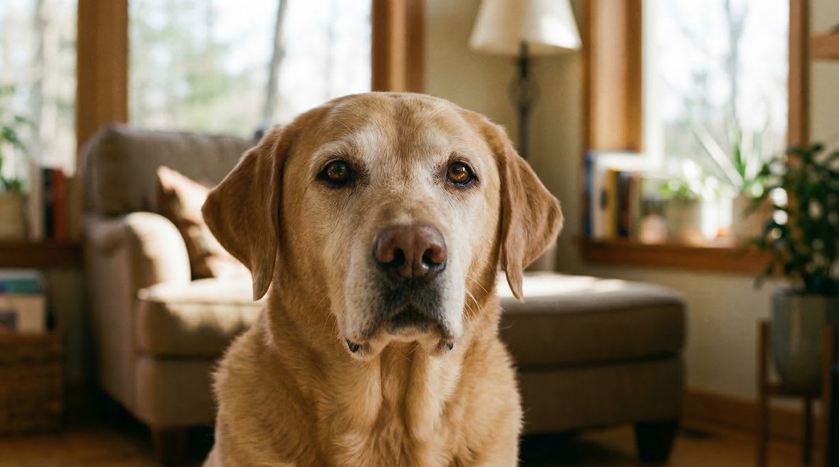 Senior dog resting comfortably at home