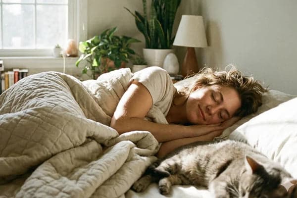 Mature adult resting peacefully in a warmly lit bedroom at night