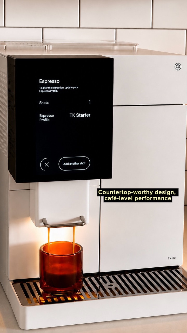 TK-02 pouring espresso into a cup