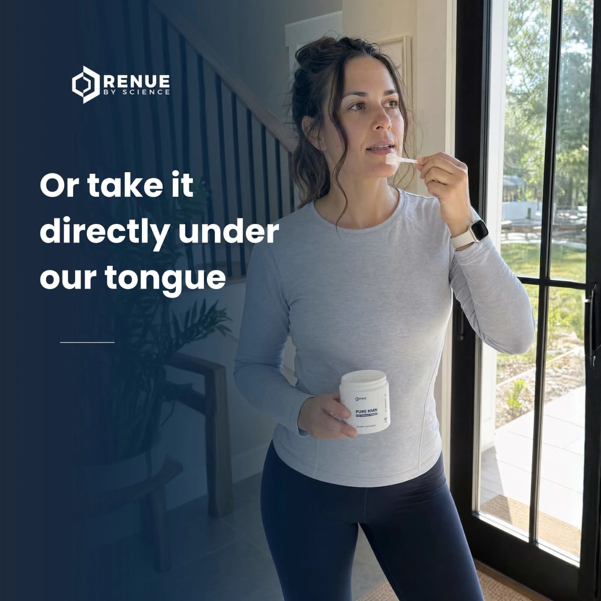 Adult taking a measured scoop of Renue By Science NMN Pure Powder in a morning kitchen