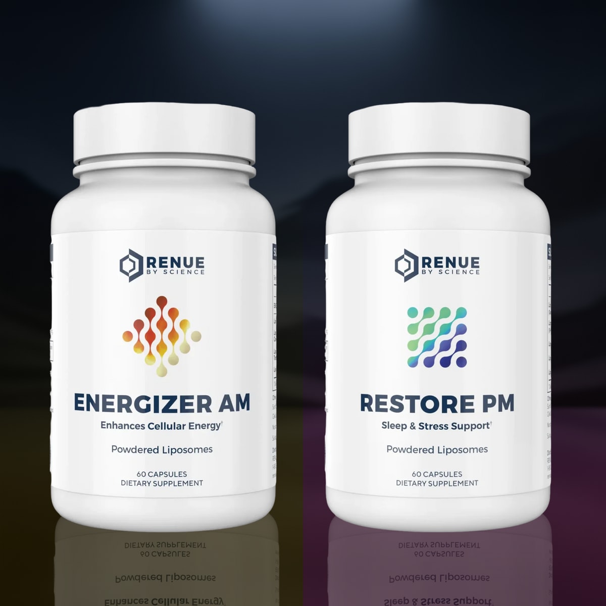 Authentic Energizer AM and Restore PM bottles together, with their original labels visible