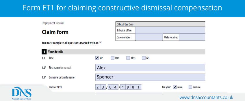 Form ET1 for claiming constructive dismissal compensation