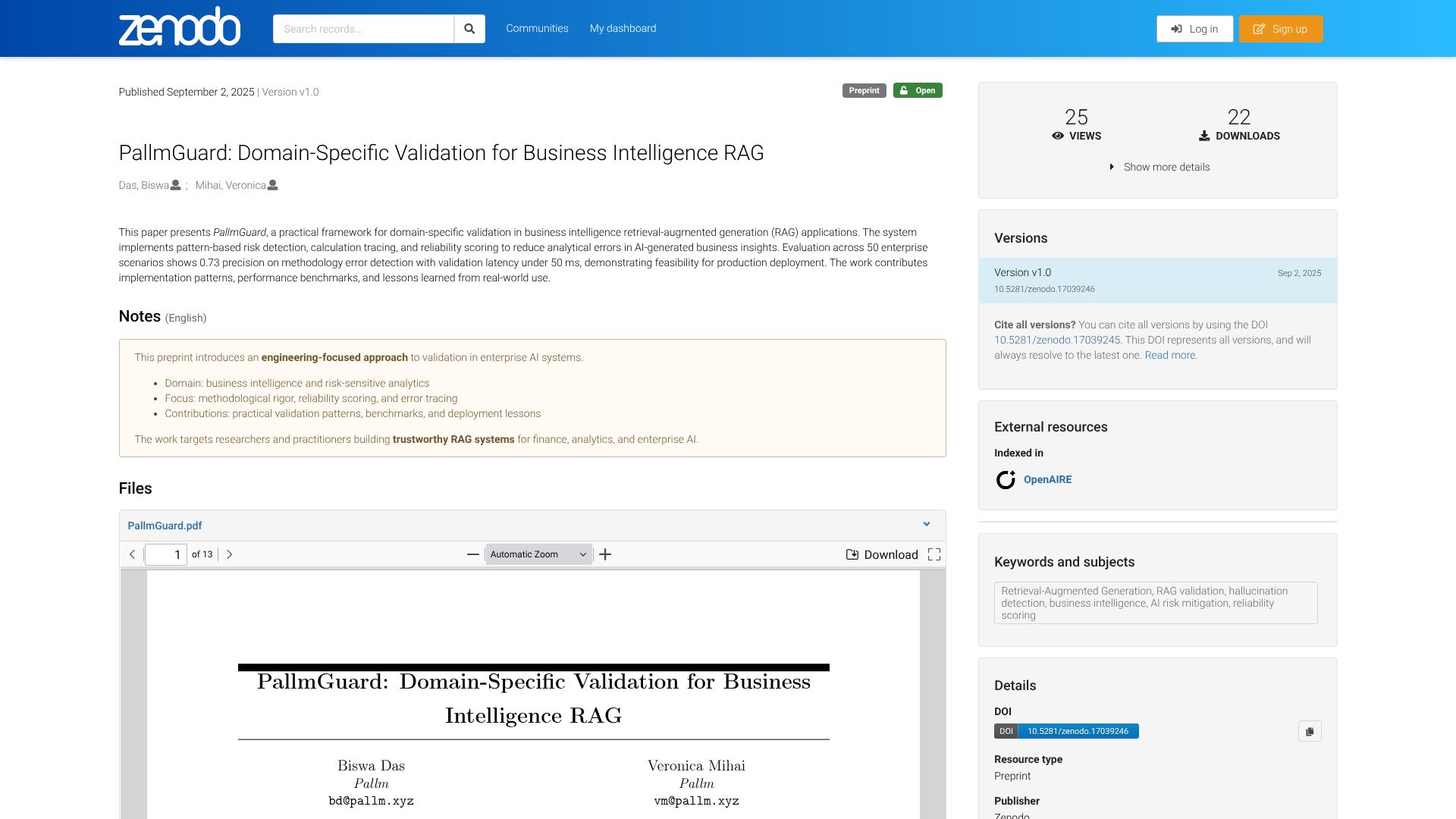 Co-author, PallmGuard: Domain-Specific Validation for Business Intelligence RAG (2025, Zenodo)