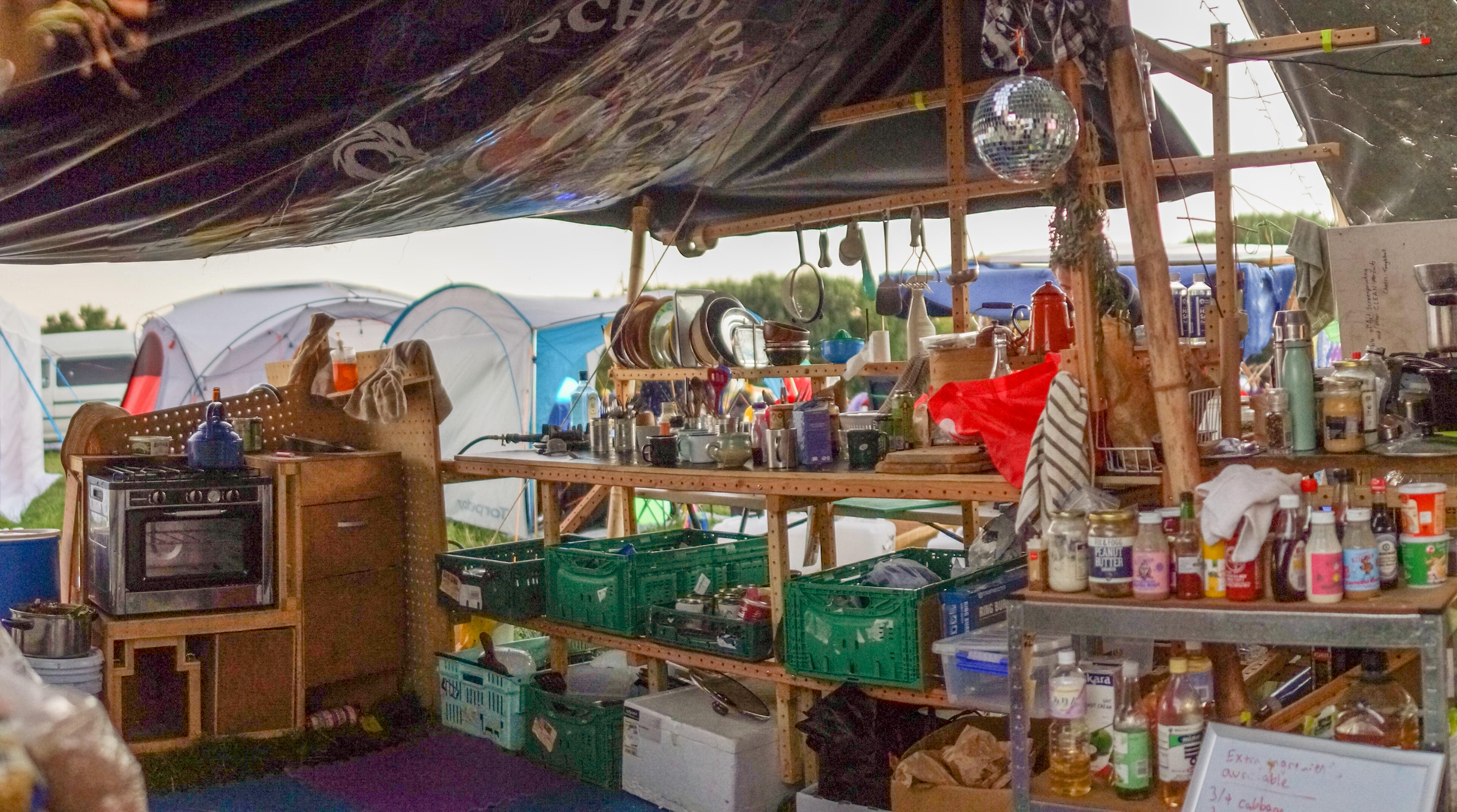 A temporary camp kitchen constructed with grid beam