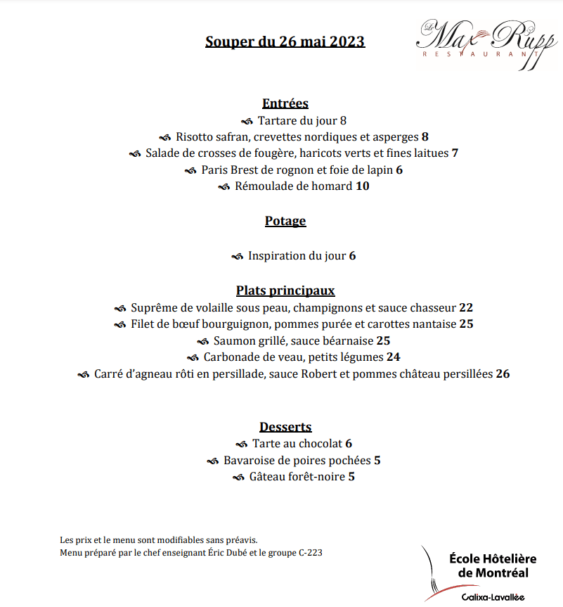 Menu Souper Gastronomique du 26 mai 2023