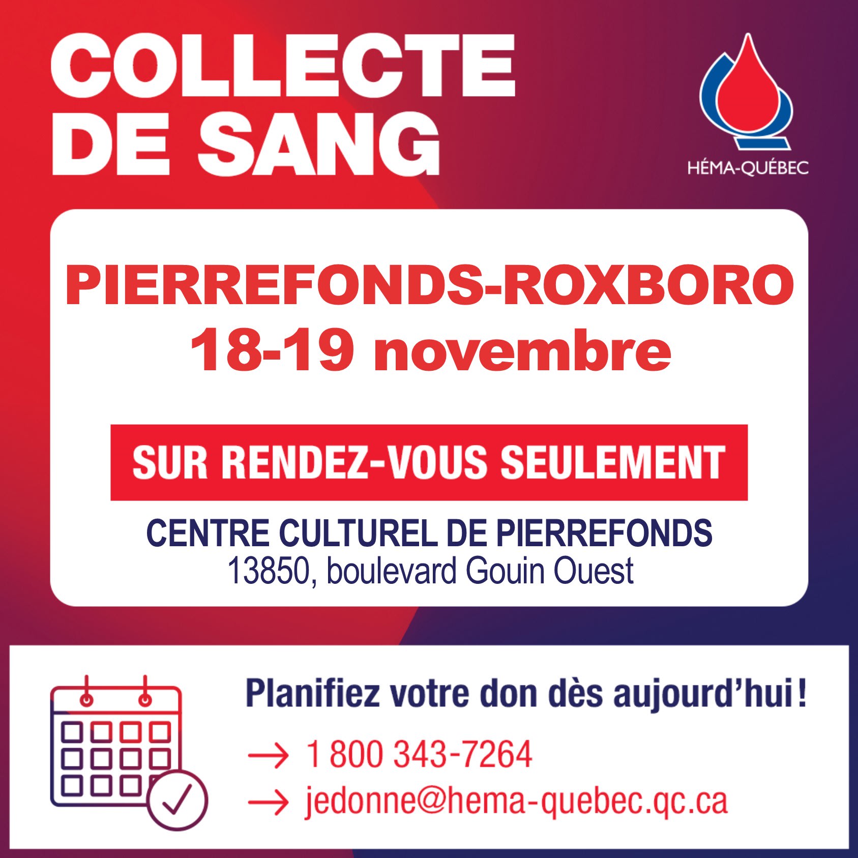 Collecte de sang du maire de Pierrefonds-Roxboro 2020 - horaire
