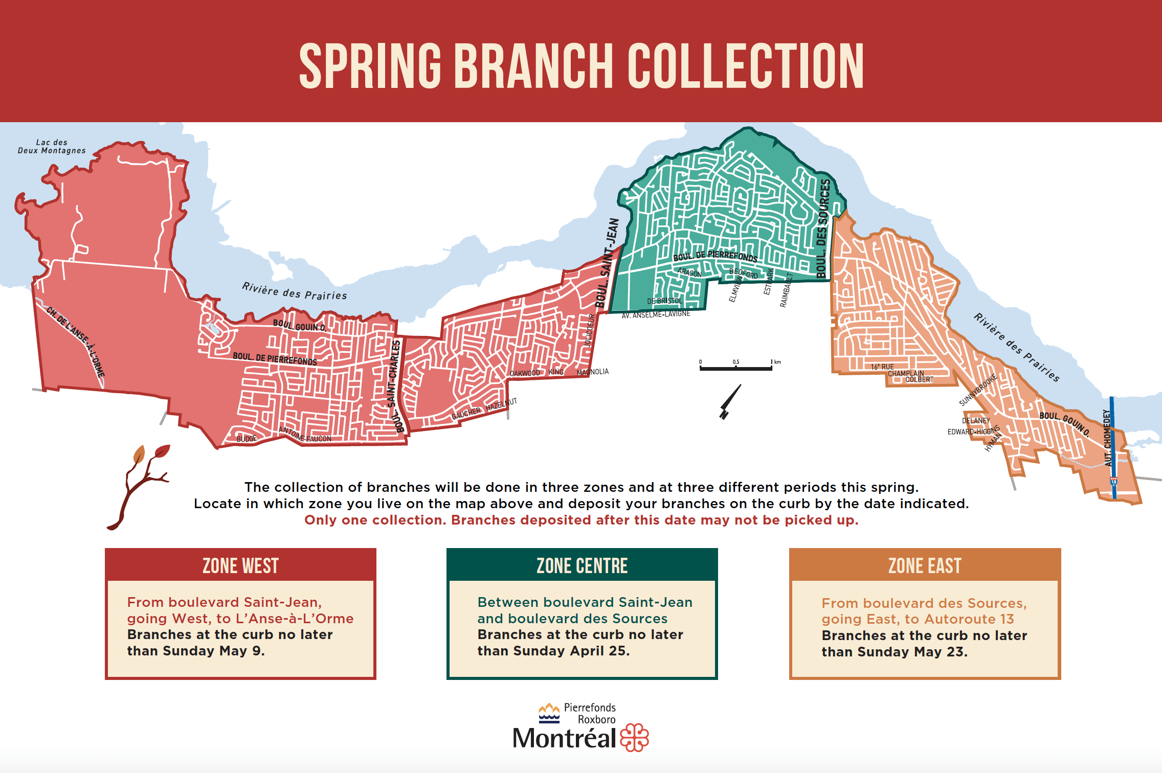 Map of zones of branch collections in Pierrefonds-Roxboro
