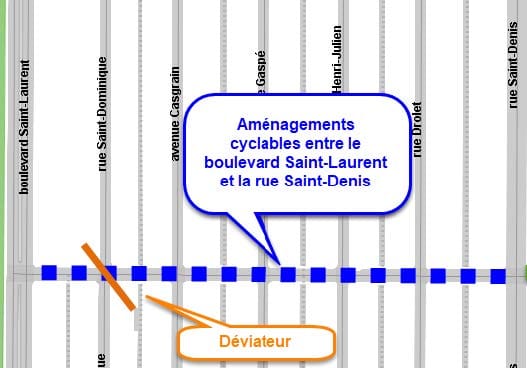 Tracé de la piste cyclable sur la rue Villeray, entre la rue Saint-Denis et le boulevard Saint-Laurent