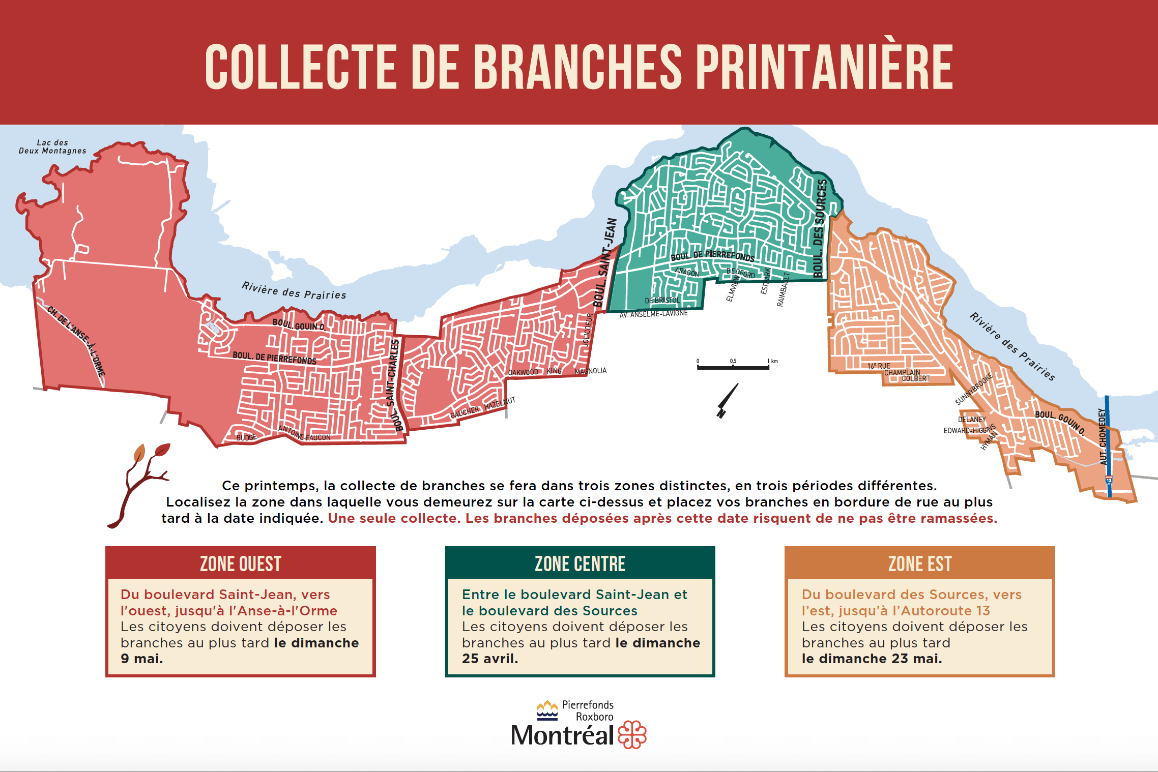 Carte des zones de collecte des branches à Pierrefonds-Roxboro