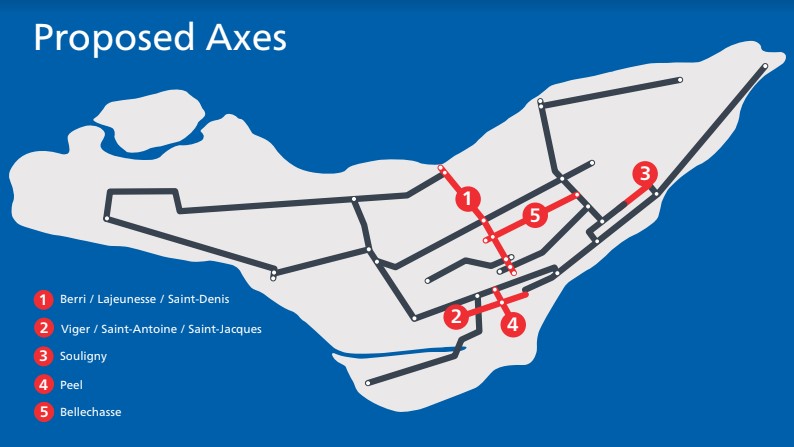 The current and proposed network of REV bikes lanes in Montreal