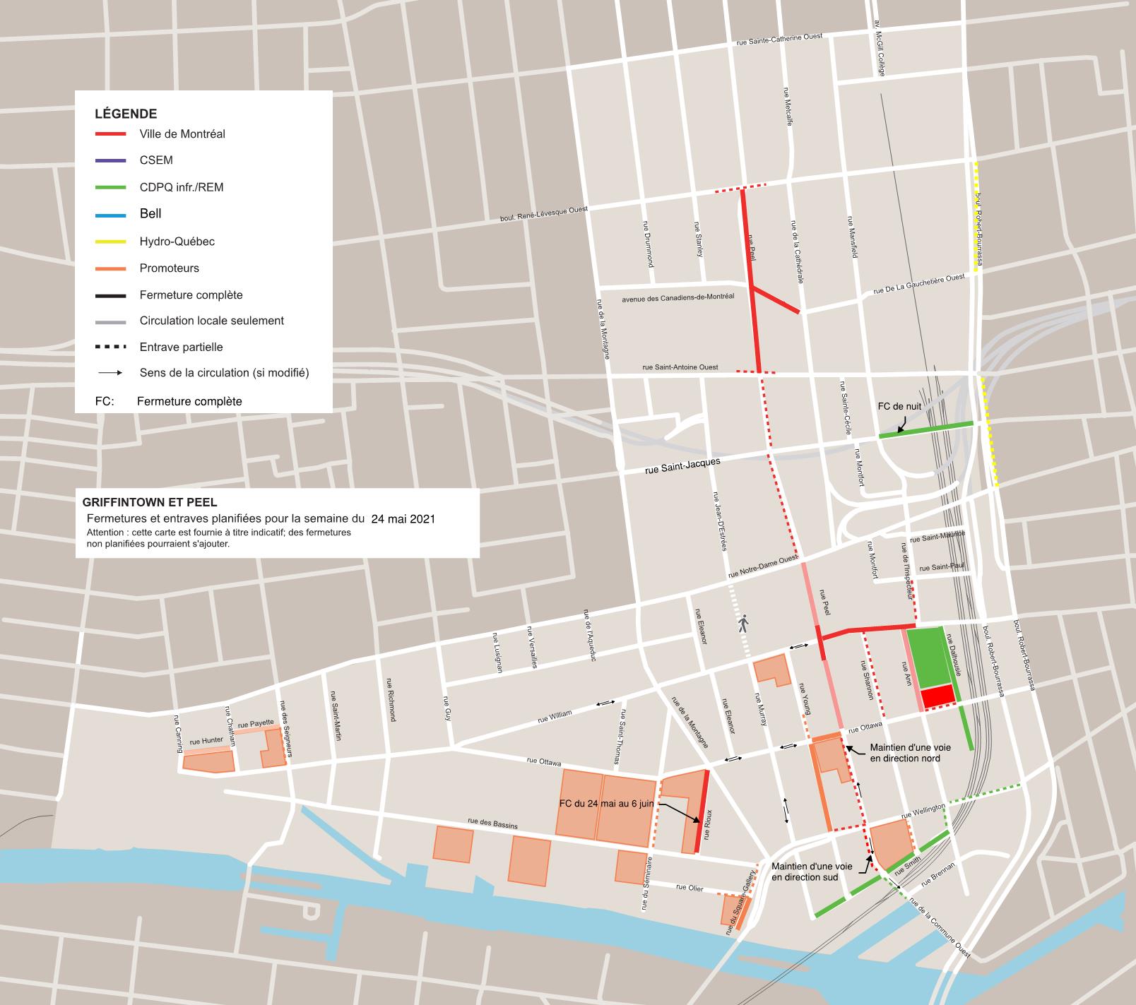 Carte des entraves semaine du 24 mai - Secteur Griffintown