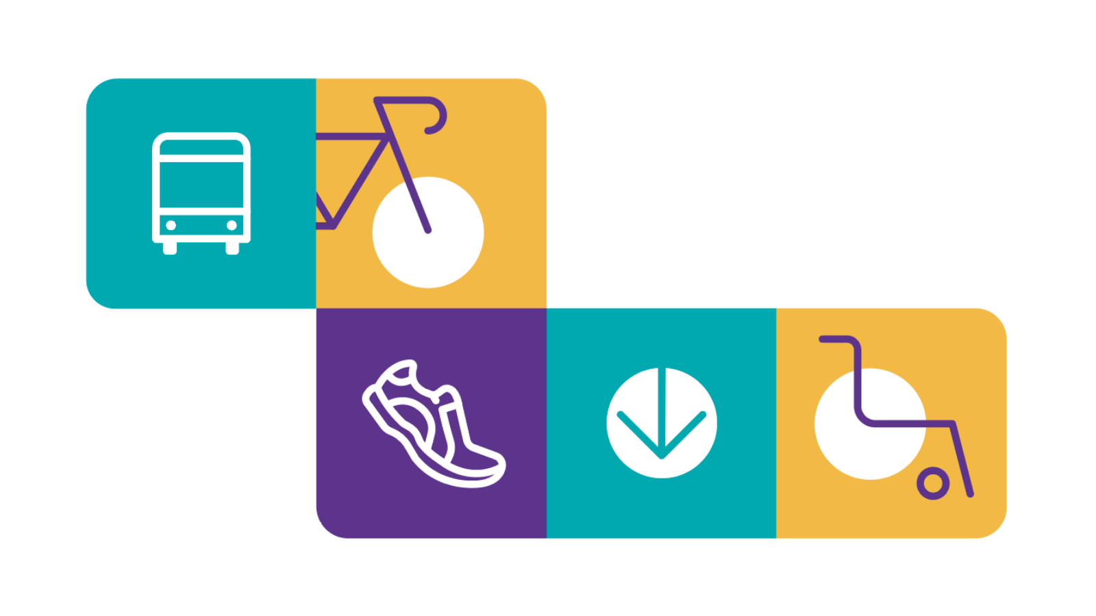 5 icônes graphiques qui représentent la mobilité : métro, autobus, vélo, la marche et une chaise roulante