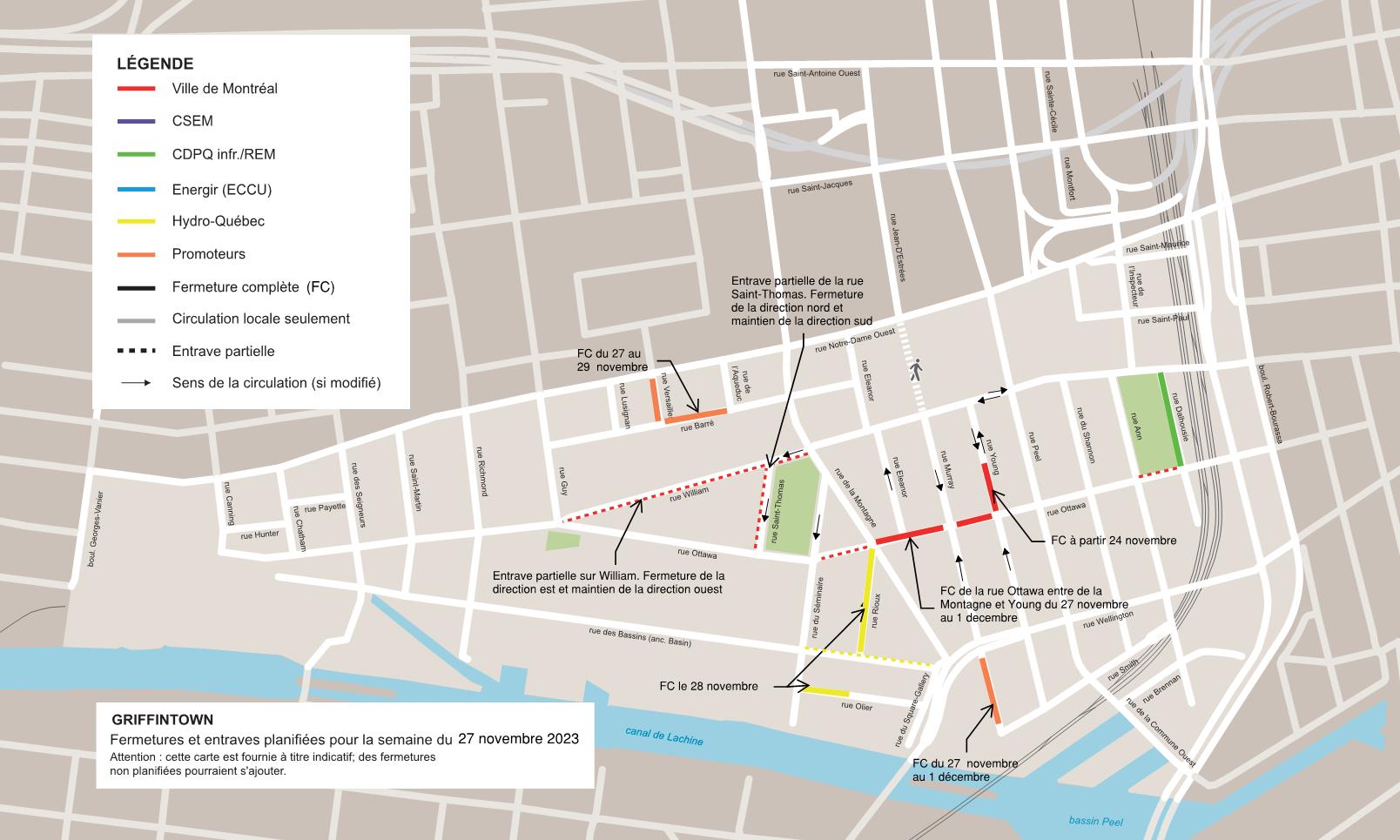 Carte des entraves de Griffintown, semaine du 27 novembre 2023