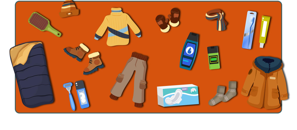 Des illustrations flottent devant un fond orange : on voit des vêtements chauds, des produits d'hygiène personnelle et un sac de couchage