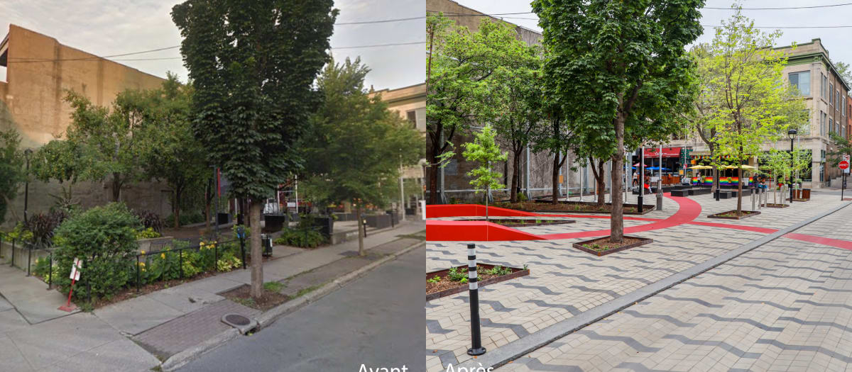 Aperçu des nouveaux aménagements de la rue Parthenais pour la rendre plus conviviale et plus verte au sud de la rue Sainte-Catherine Est.