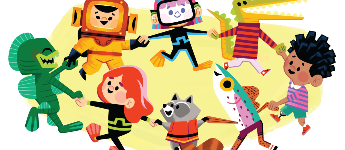 Illustration d'animaux et d'enfants qui font une ronde.