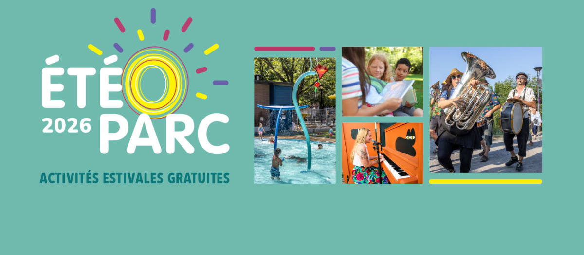 Montage graphique avec le logo d'Été-O-Parc et des photos des activités estivales.