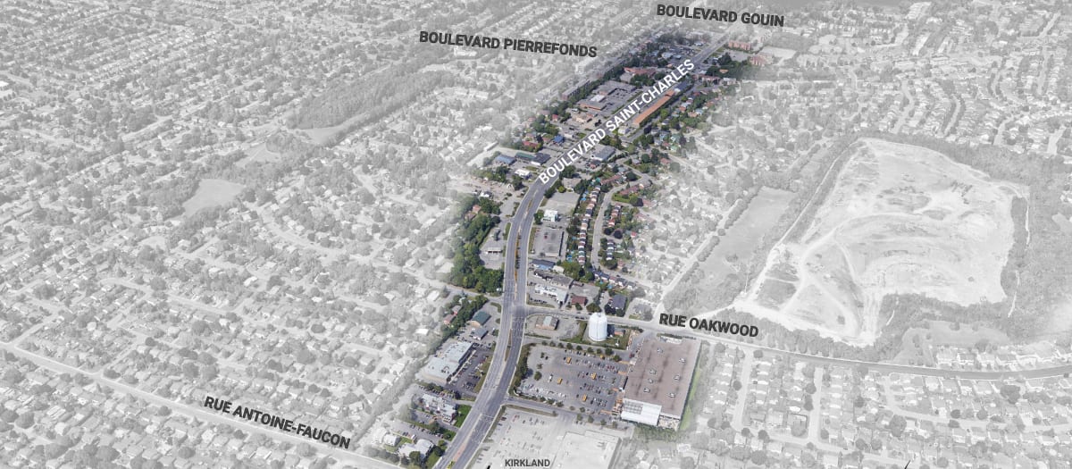 Carte montrant le secteur visé par la consultation publique sur le PPU du boulevard Saint-Charles à Pierrefonds-Roxboro.