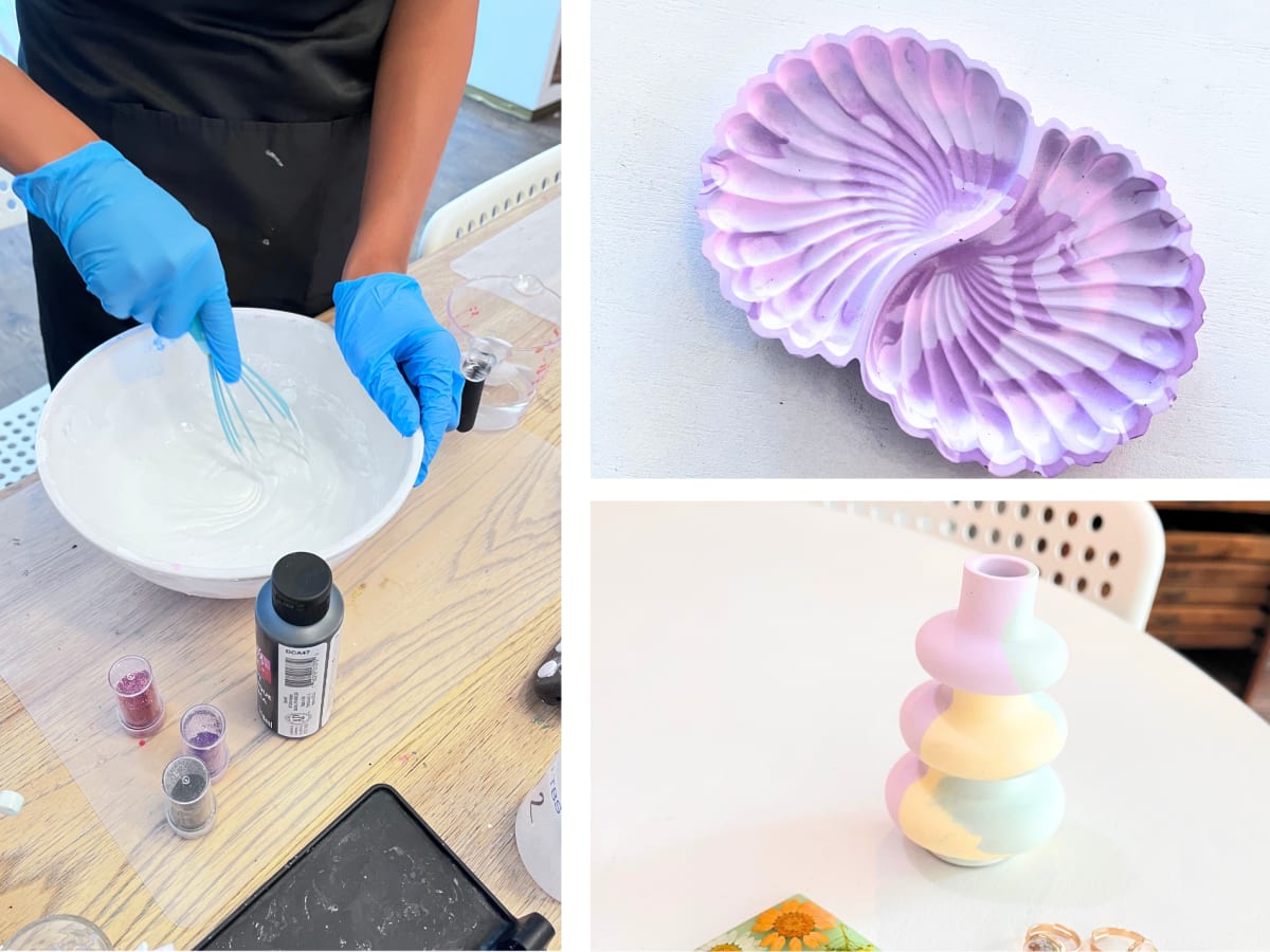 Une photo d'une personne mélangeant de la résine, ainsi qu'une photo d'un vase coloré en résine et un plat mauve en résine.
