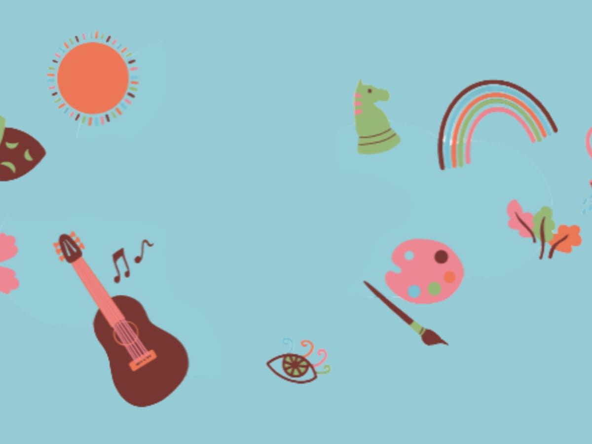 Ensemble d'illustrations sur fond bleu (guitare acr en ciel)