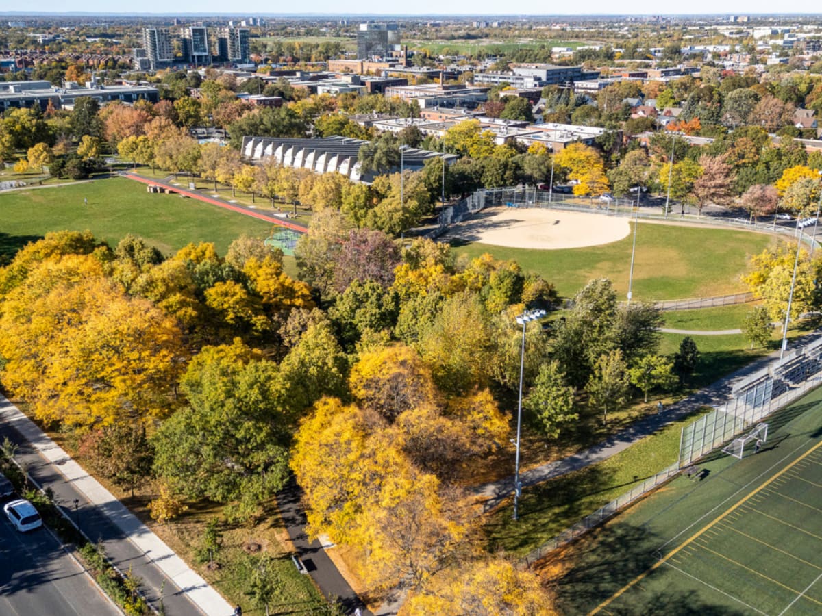 Photo montrant le parc vue du ciel avec de nombreux arbres présentant un feuillage automnal, un terrain de sport, un terrain de baseball et une grande étendue d'herbe