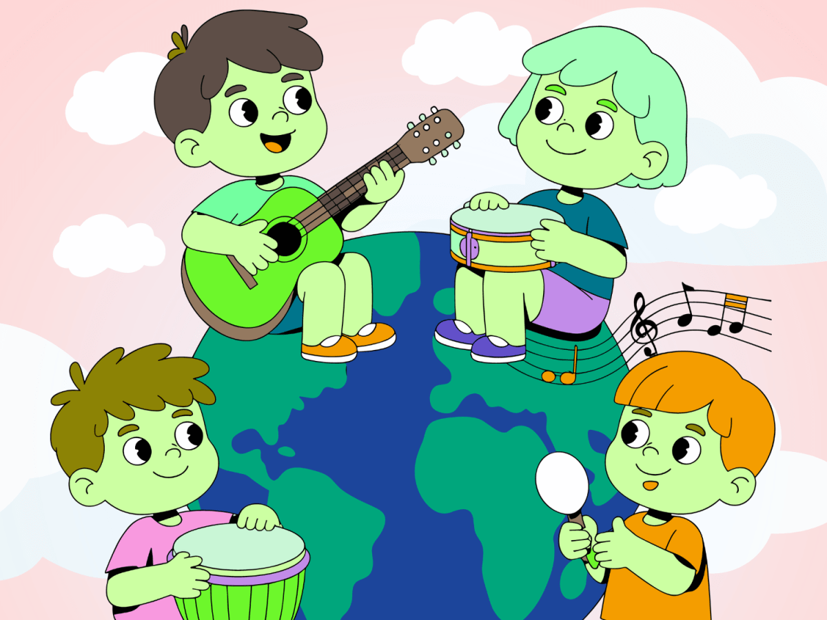 Illustration de quatre enfants qui jouent d'instruments de musique
